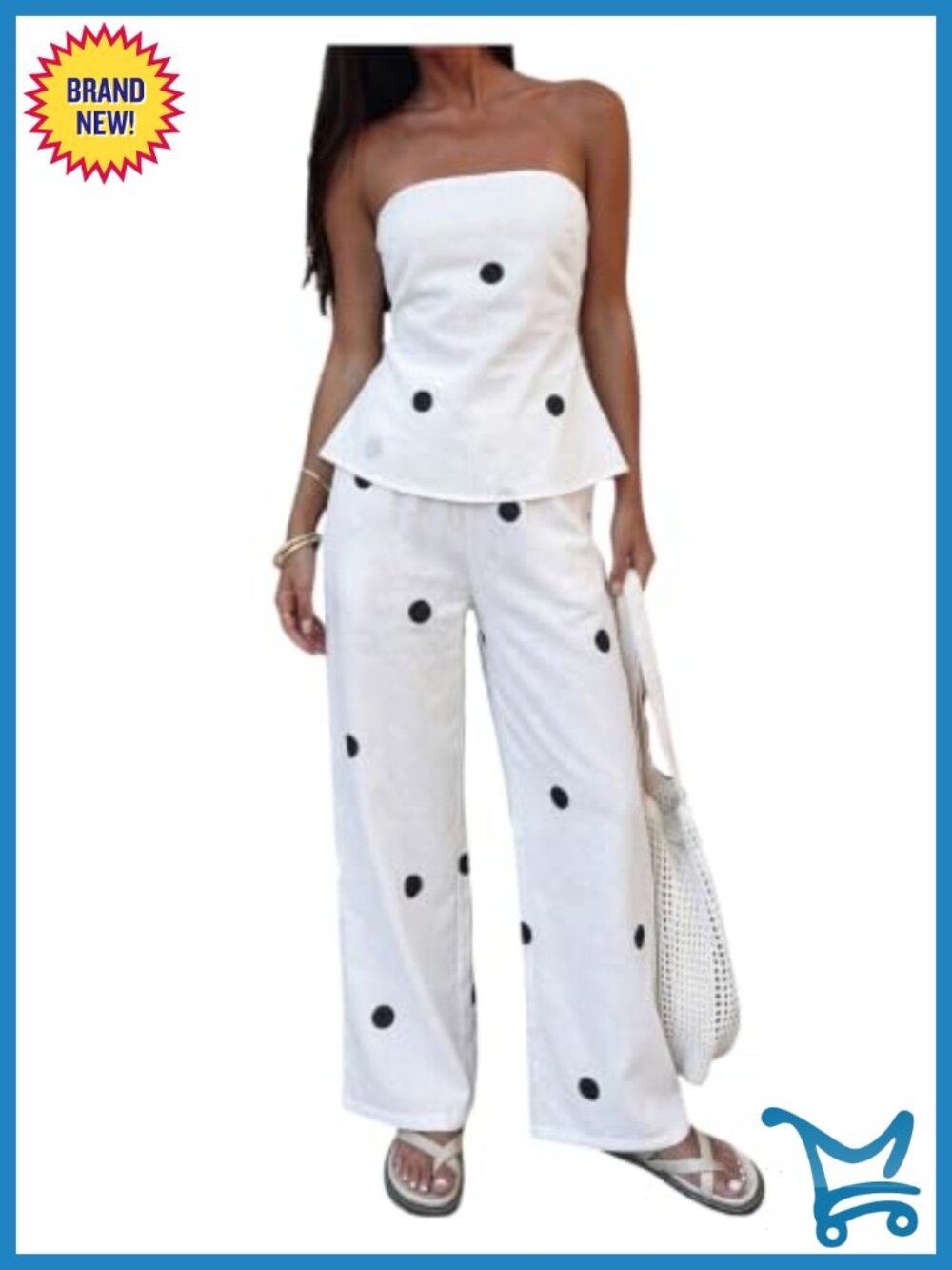 2 Piece Polka Dot Tube Top and Wide Leg Pants Set Sleeveless Resort Wear